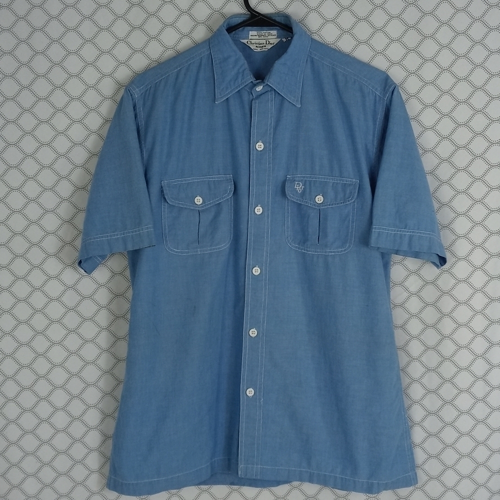 Christian Dior Monsieur men's med blue short sleeve casual button down shirt